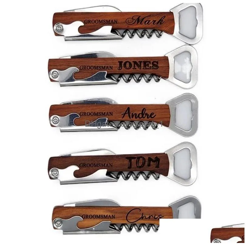 personalized wedding party favor custom engraved wood wine corkscrew beer bottle opener wedding gifts for guests