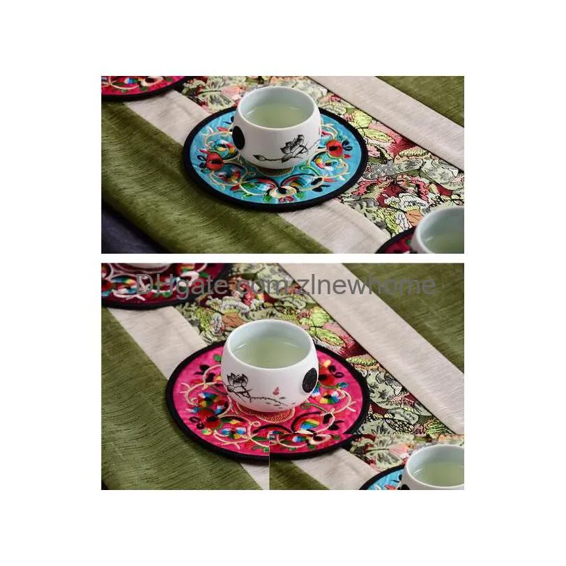 home non-woven embroidery floral pattern ethnic coaster tribal cup teapot mat drink holder floral tableware placemat xb1