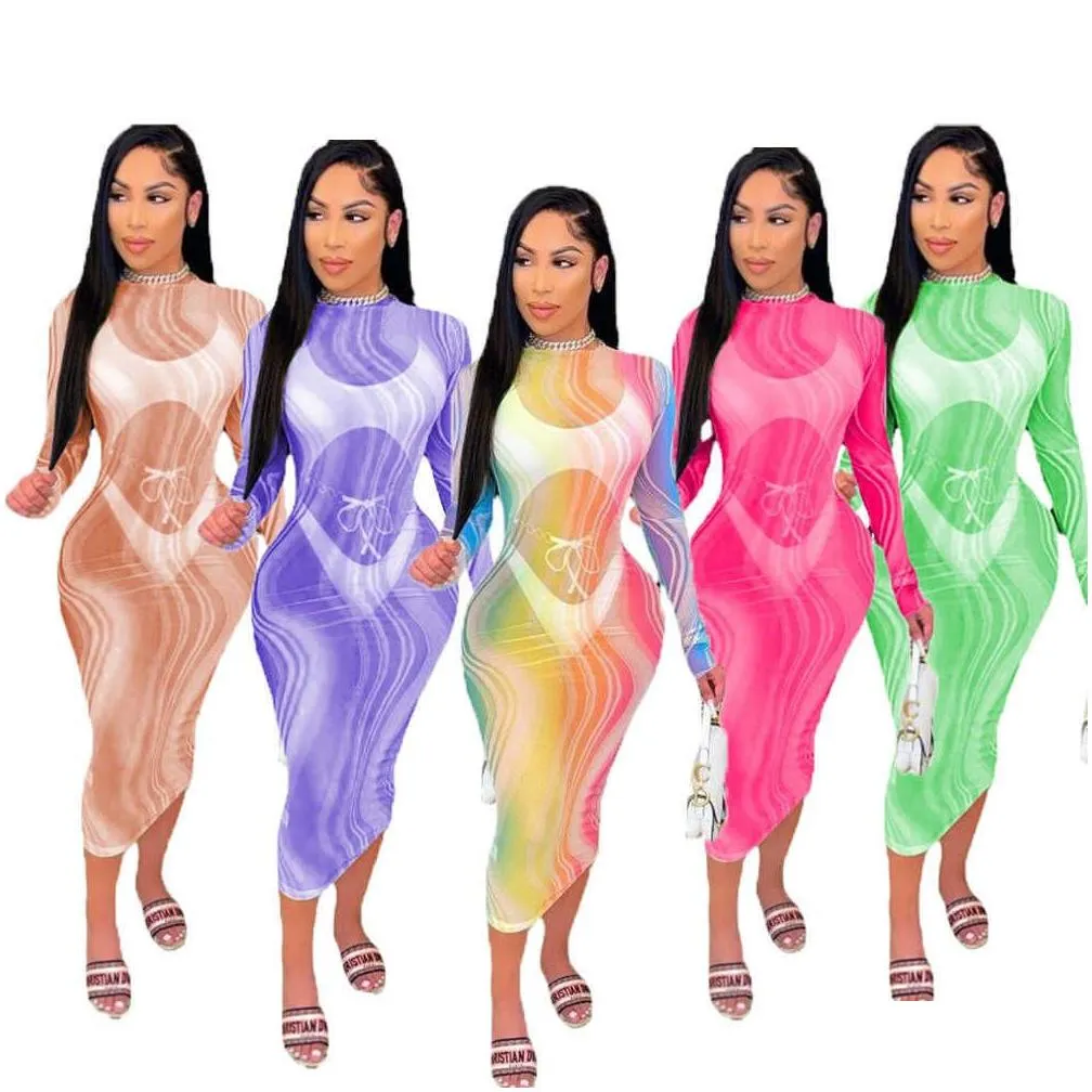2023 women personalized rainbow print long sleeves sleeve tight wrapped hip skirt sexy perspective mesh maxi dress
