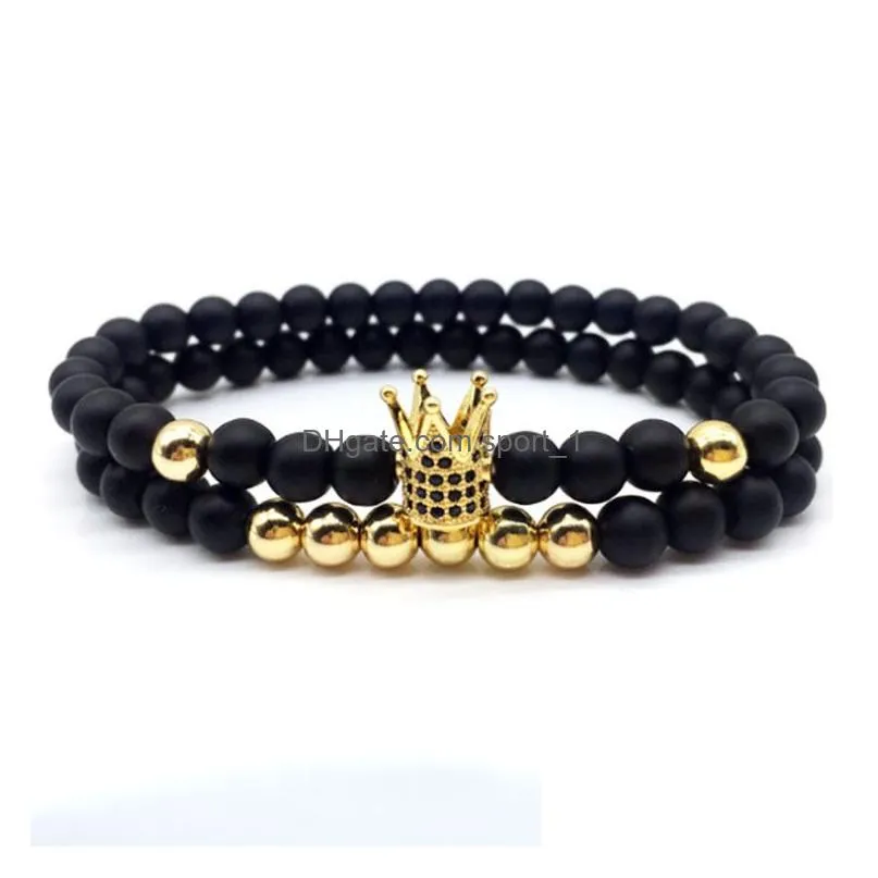 6mm crown king charm strands beads bracelet set for men women black natural stone beads elastic adjustable bangle couple jewelry gift