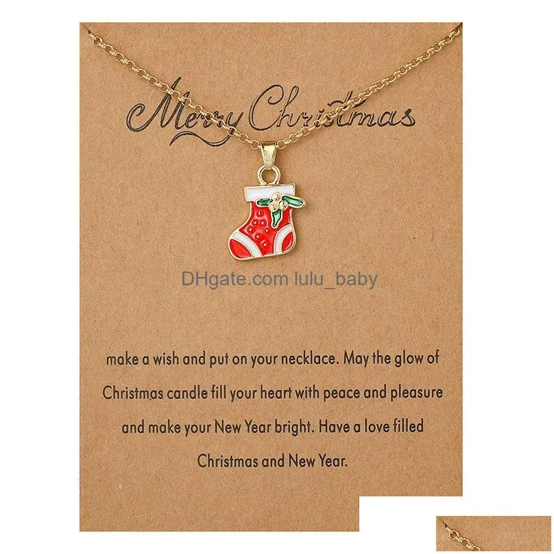 2020 merry christmas necklace with gift card santa claus tree sock snowman pendant gold chains for women girls party jewelry