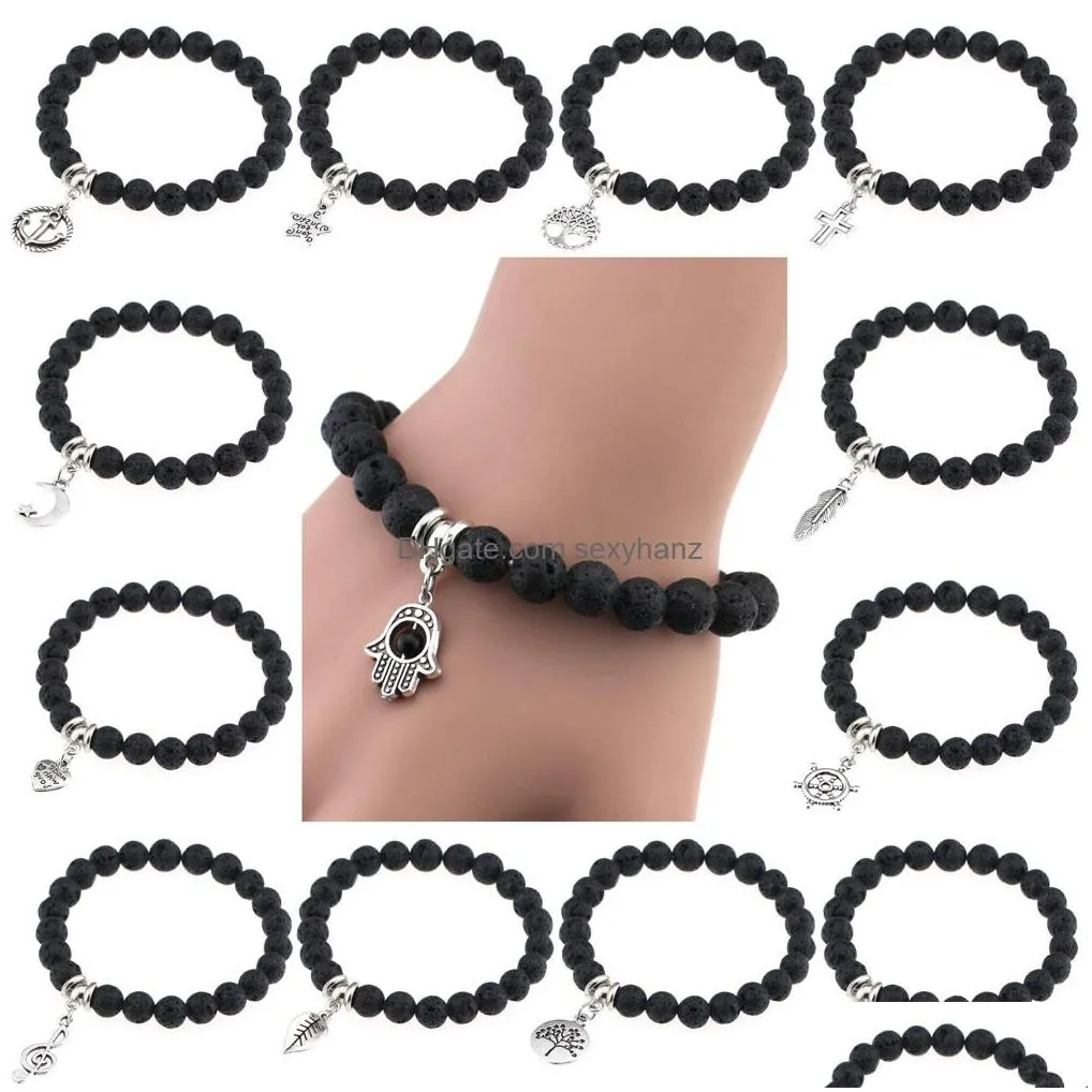  lava rock beads bracelets rudder tree cross feather star charm black natural stone stretch bracelet for women men fashion crafts