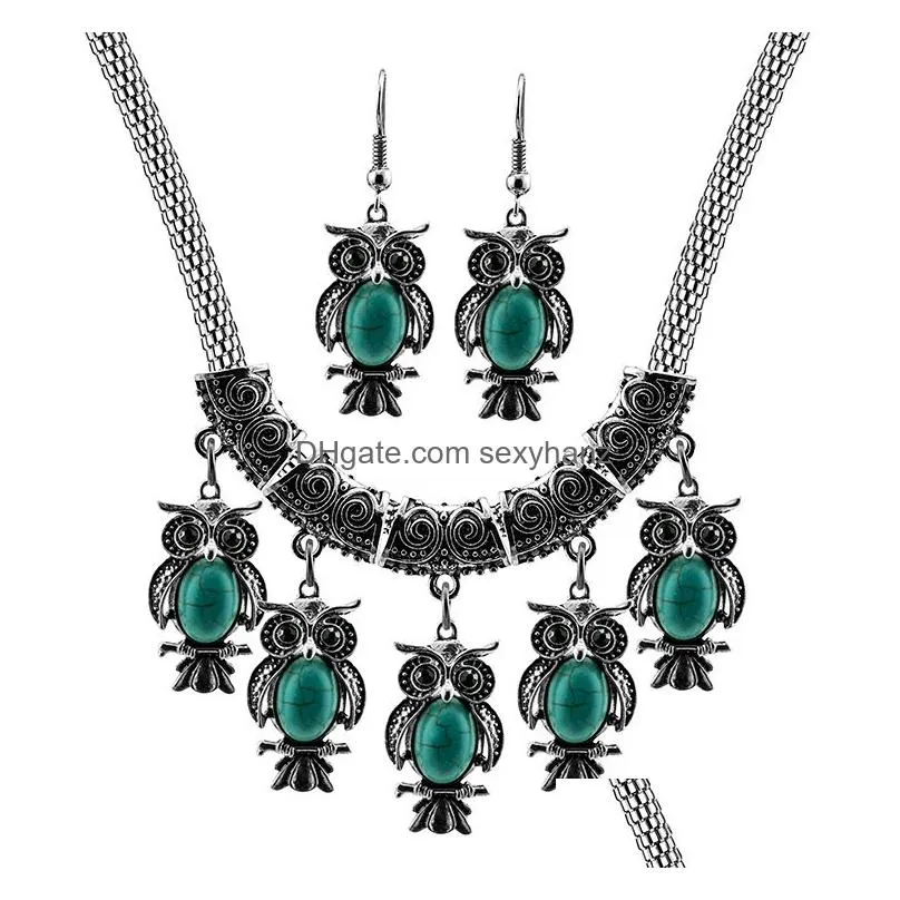 fashion ladies jewelry sets vintage owl turquoise statement necklaces earrings jewelry set for women wholesale on sale