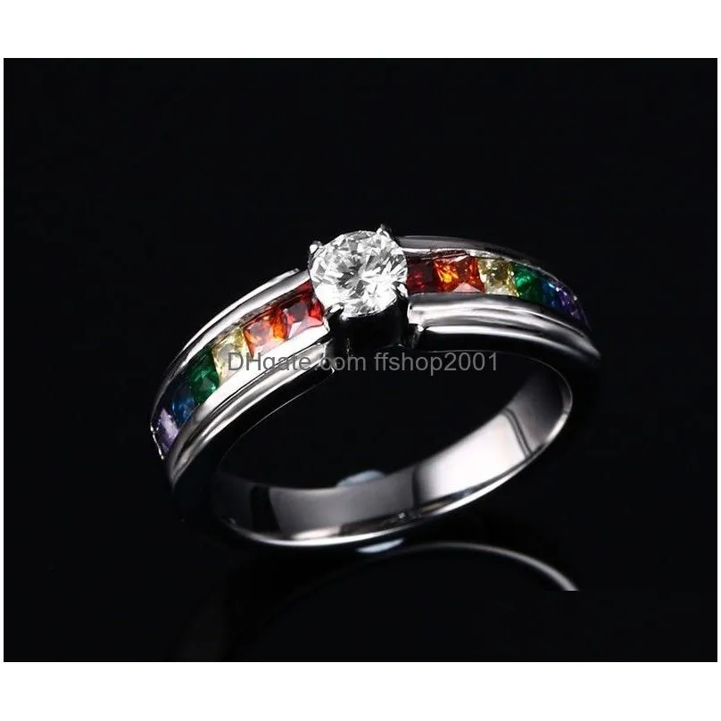 316l stainless steel les rainbow rings women cubic zirconia cz diamond gemstone titanium steel ring for ladies fashion wedding jewelry