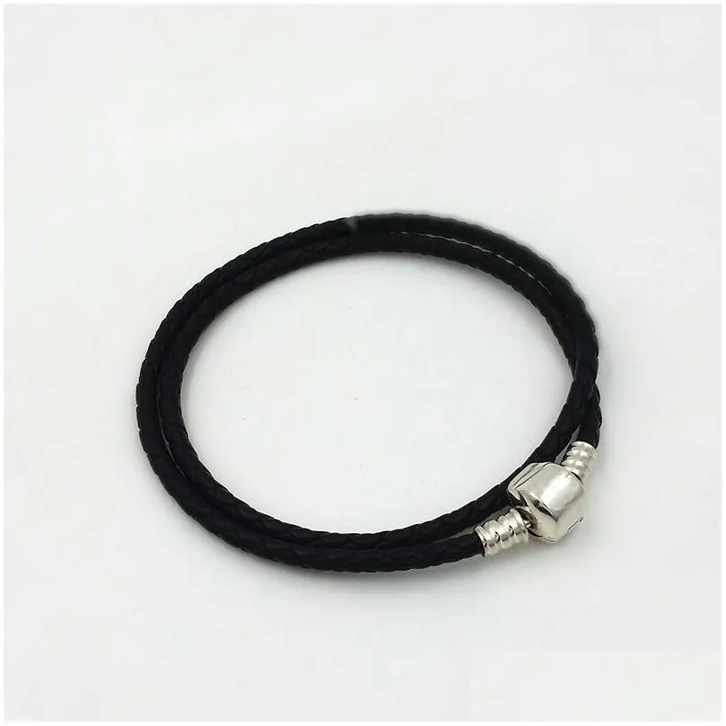 fashion womens 925 sterling silver real black double layer leather bracelet fit  charms beads jewelry men mens bangle bracelet