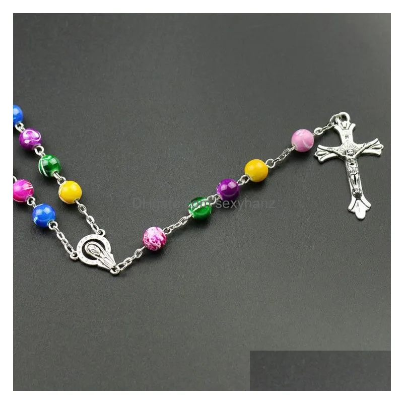  religious catholic rainbow rosary long necklaces jesus cross pendant 8mm bead chains for women men s fashion christian jewelry