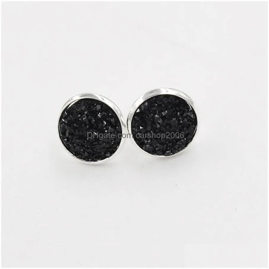 bulk 12mm round druzy stone stud earrings bling drusy resin silver earrings for women ladies fashion handmade jewelry gift