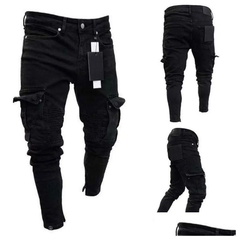 mens jeans 2021fashion black jean men denim skinny biker destroyed frayed slim fit pocket cargo pencil pants plus size s-3xl fashion
