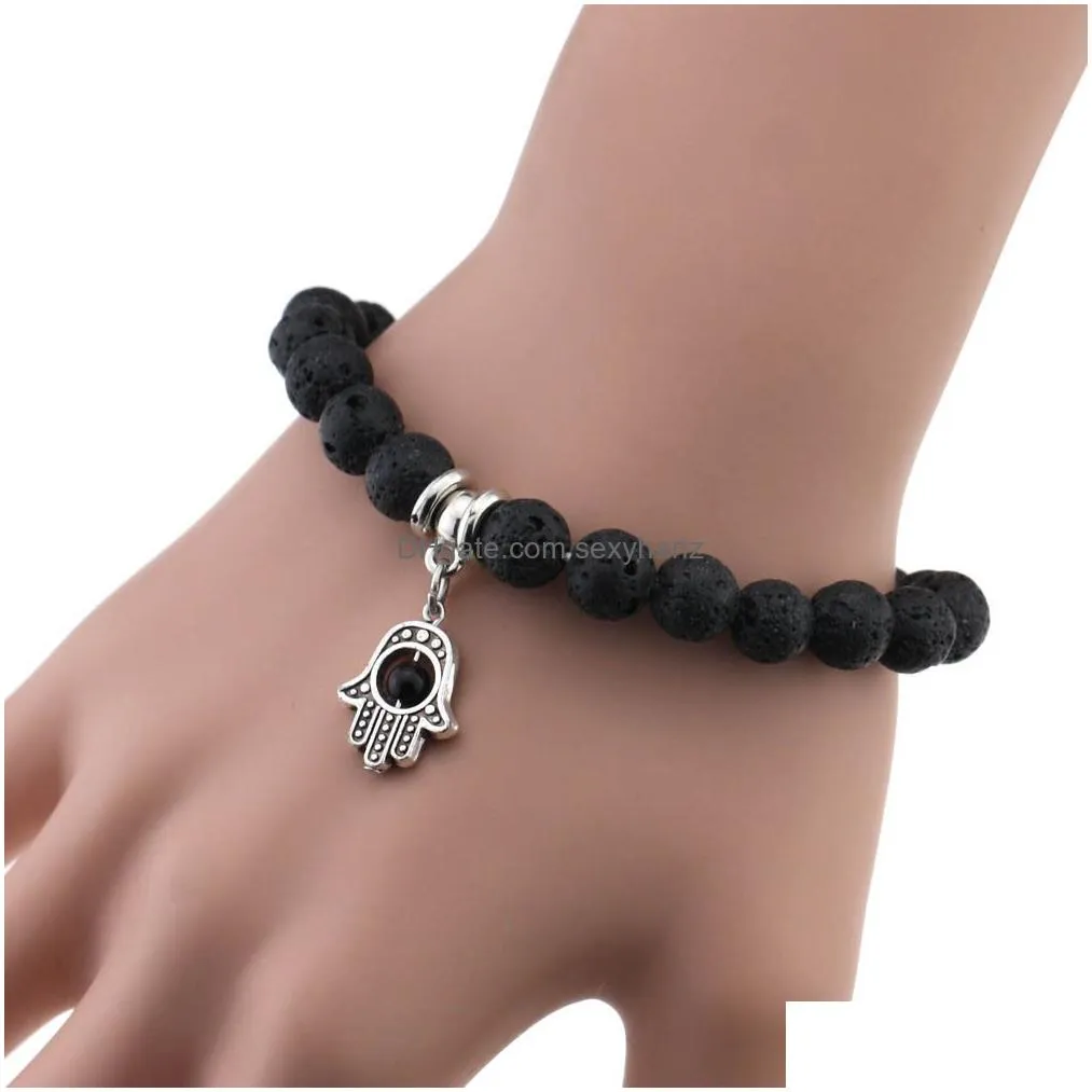  lava rock beads bracelets rudder tree cross feather star charm black natural stone stretch bracelet for women men fashion crafts