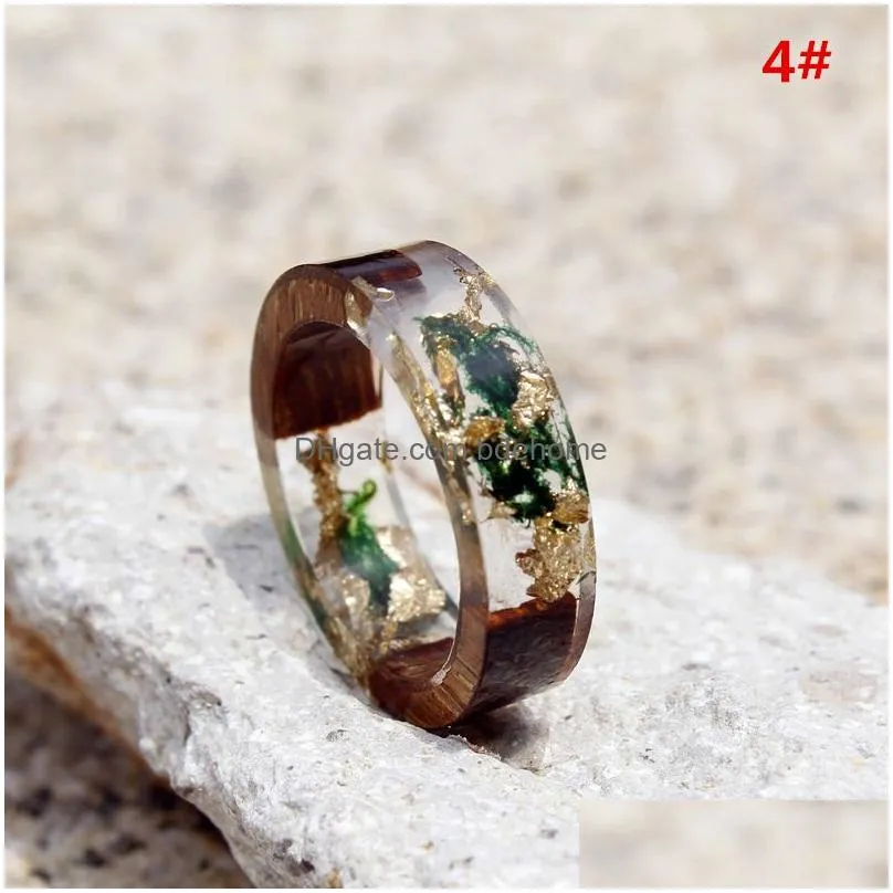 new handmade wood resin rings gold foil flowers plants inside rings for women men fashion diy jewelry gift