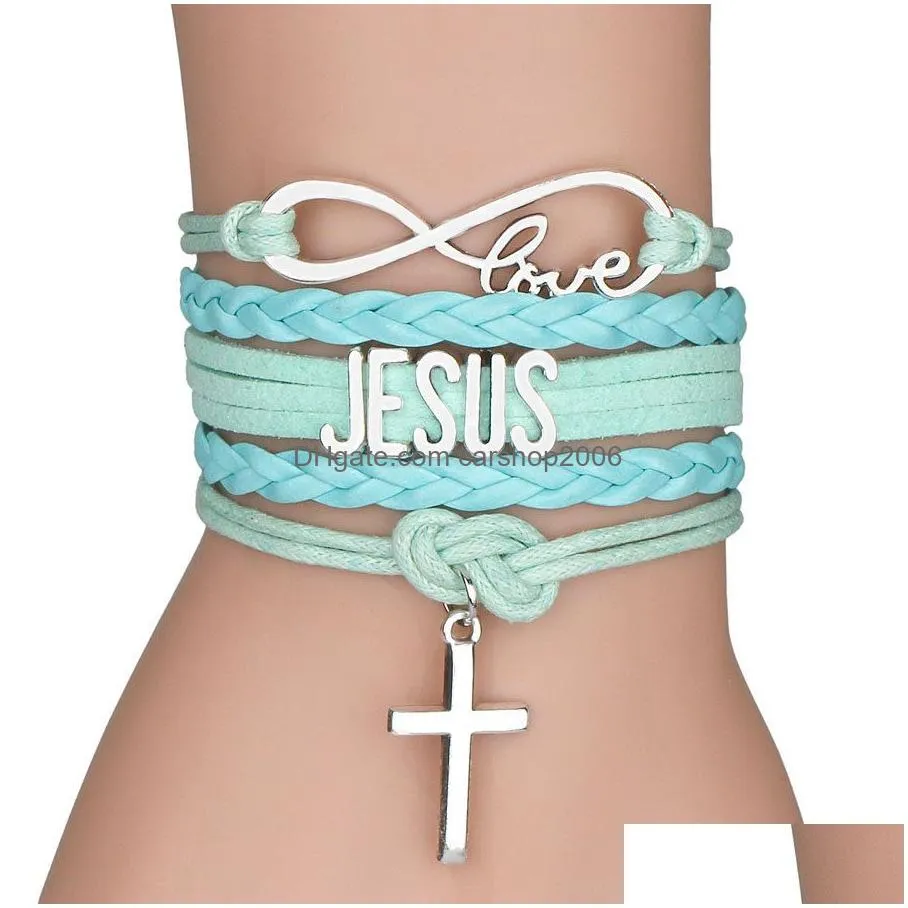 fashion cross charm braided leather rope bracelets for women men religious jesus love infinity wristband handmade jewelry in bulk