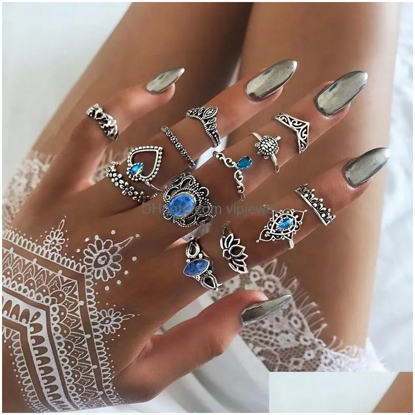 vintage bohemian midi finger rings set for women beach turtle elephant gemstone crystal wedding knuckle rings boho fashion jewelry in