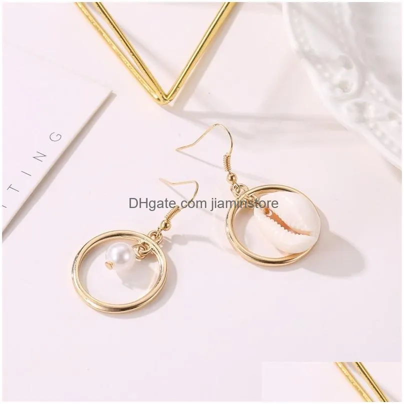 european and american asymmetrical beach conch dangle earrings for women round shell faux pearl drop earrings fashion jewelry gift