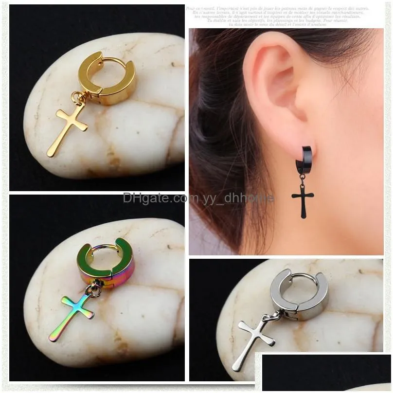 hypoallergenic stainless steel cross star dangle earrings men punk fake piercing clip on hoop earrings for women fashion jewelry gift