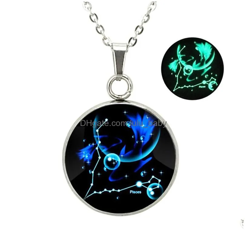 glow in the dark 12 zodiac sign necklaces for women men stainless steel horoscope glass cabochons pendant chains fashion luminous