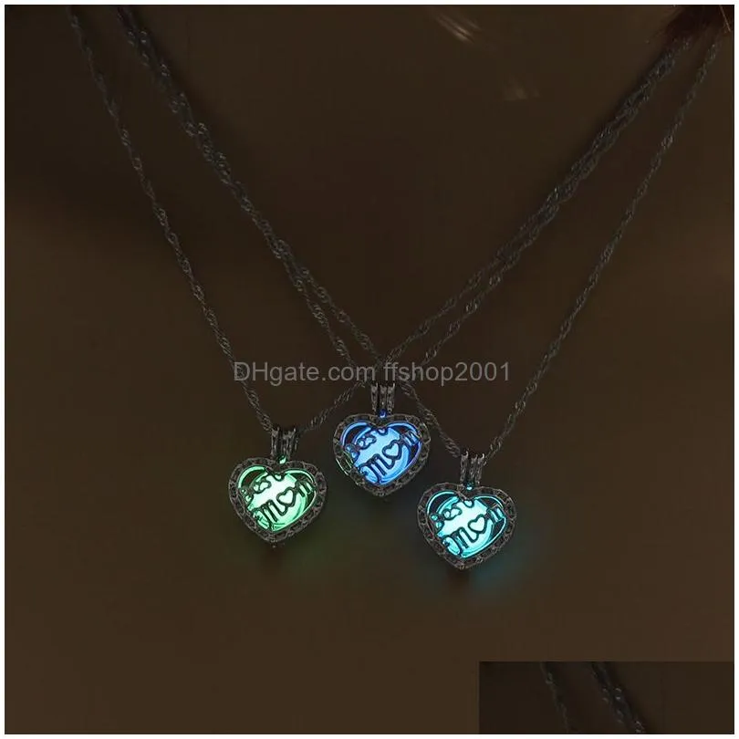 luxury luminous mom heart pendant open glow in the dark beads cage locket charm silver chains for women ladies mothers day jewelry