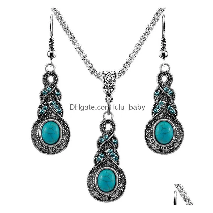vintage turquoise pendant necklace dangle drop earrings set for women retro natural stone 2019 fashion jewelry in bulk