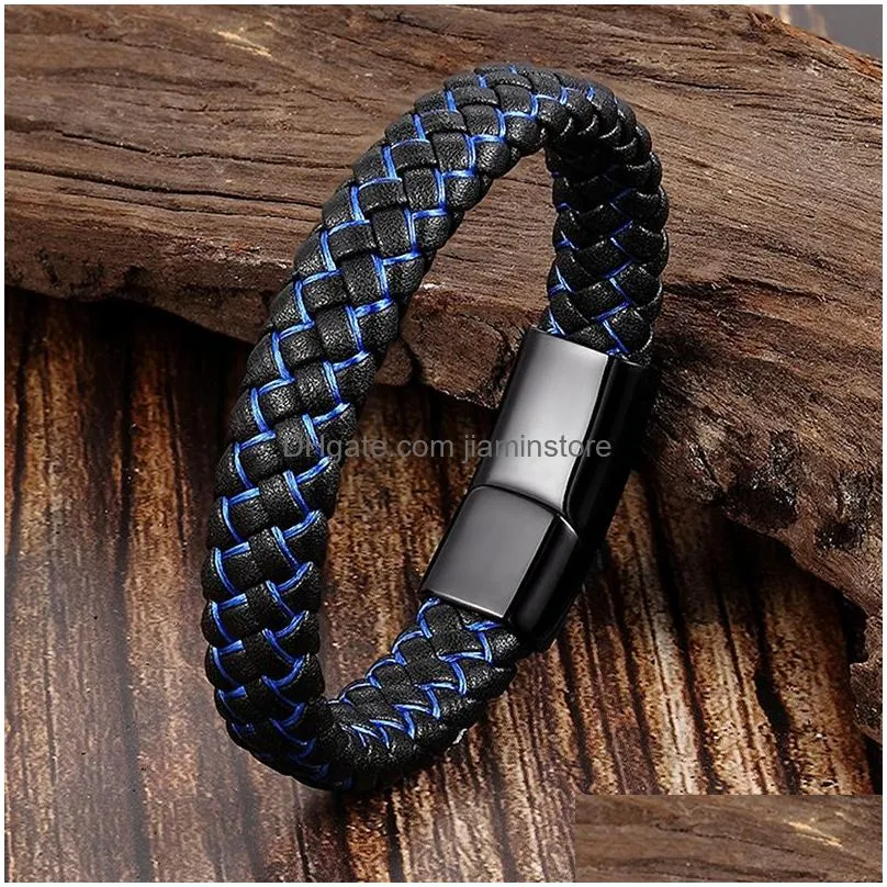 mens trendy genuine leather charm bracelets multilayer blue black braided rope handmade stainless steel buckle wrap bangle diy jewelry