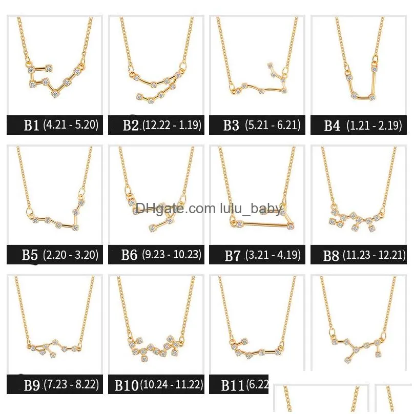 korean 12 zodiac sign necklaces bling cubic zirconia cz fake diamonds constellation pendant gold silver chains for women jewelry gift