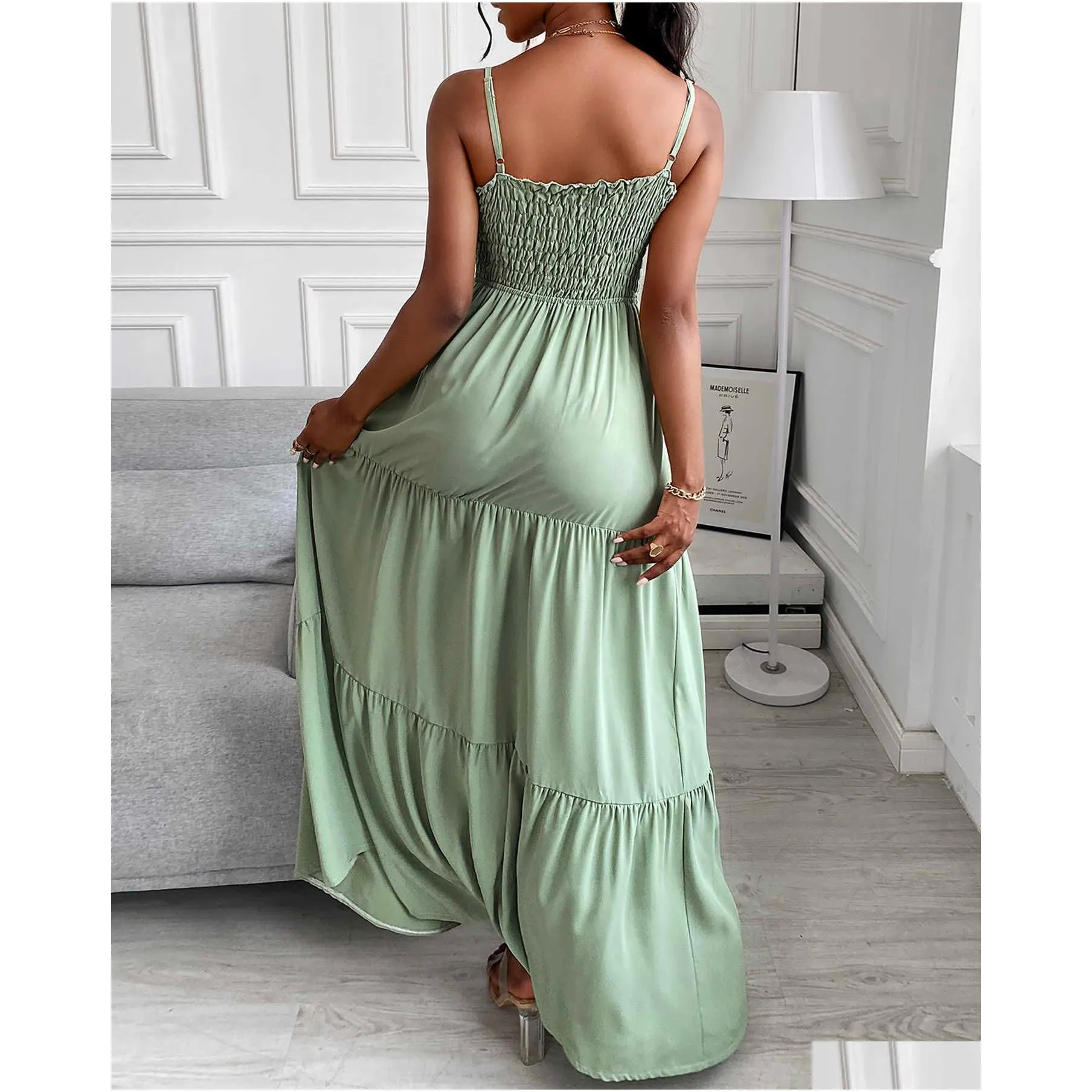 summer women ruched plain strap shirring maxi dress 2021 femme boho solid sundress office lady outfits y2k beach robe vestidos y0608