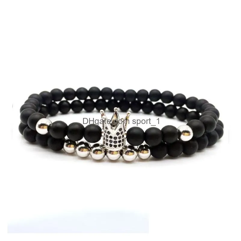 6mm crown king charm strands beads bracelet set for men women black natural stone beads elastic adjustable bangle couple jewelry gift