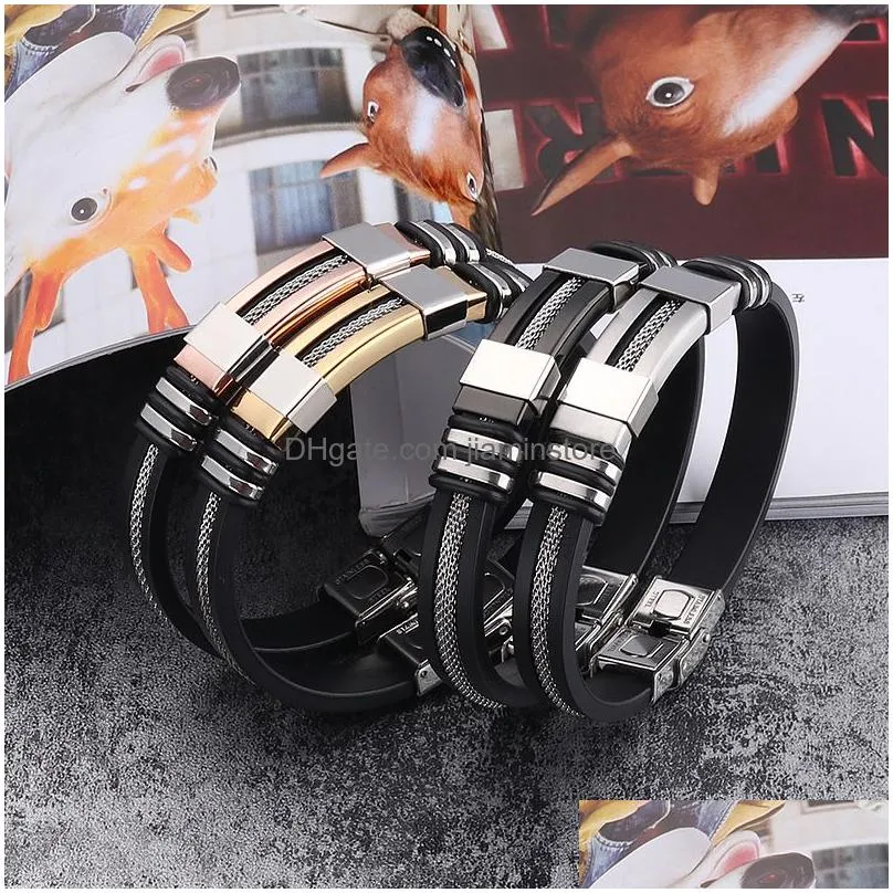 mens stainless steel silicone black bracelet simple rubber new design punk charm wristband bangle for mens fashion jewelry gift