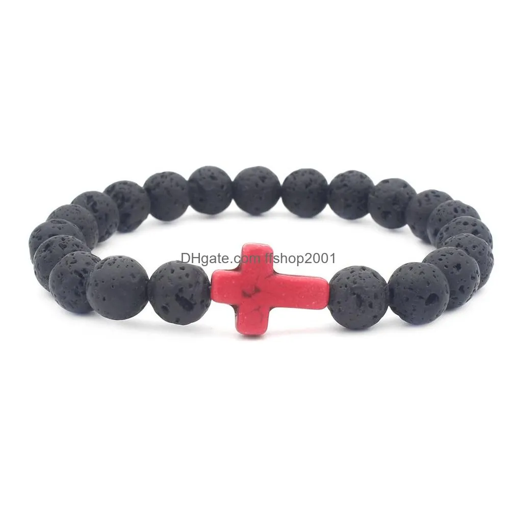 mens lava rock cross charm bracelet black natural volcanic healing energy stone yoga beads bangle for women fashion jewelry