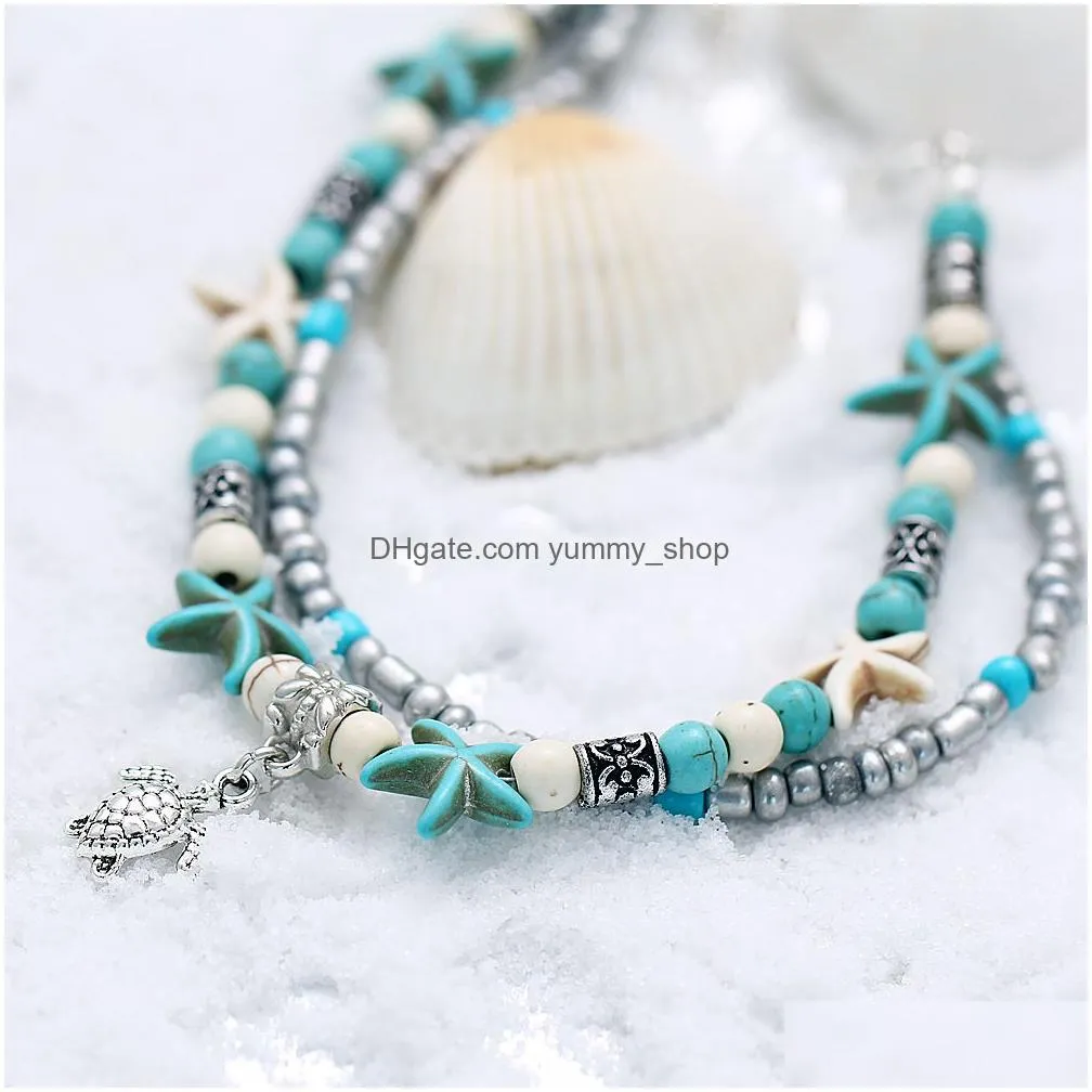  bohemian turquoise anklets bracelets retro elephant turtle starfish tree of life owl heart women beach foot chain for ladies