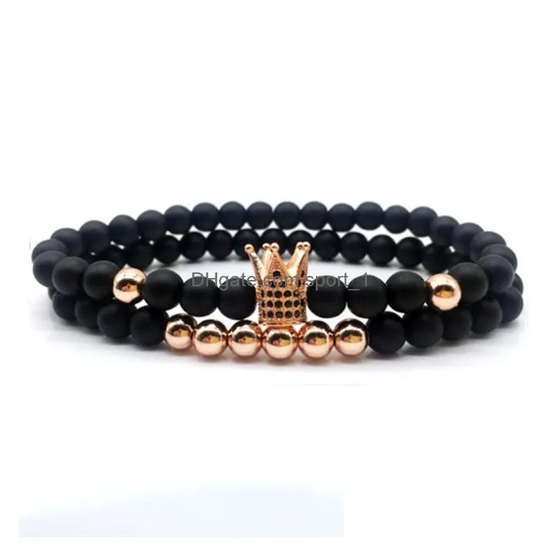 6mm crown king charm strands beads bracelet set for men women black natural stone beads elastic adjustable bangle couple jewelry gift