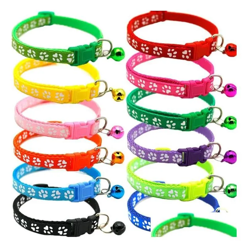 dog puppy cat collar breakaway adjustable cats collars with bell bling paw charms pet decor supplies 12styles lxl473-a
