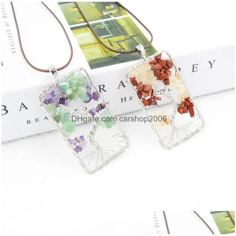 7 chakra tree of life quartz necklace multicolor women rainbow natural stone pendant leather rope chain for ladies fashion jewelry