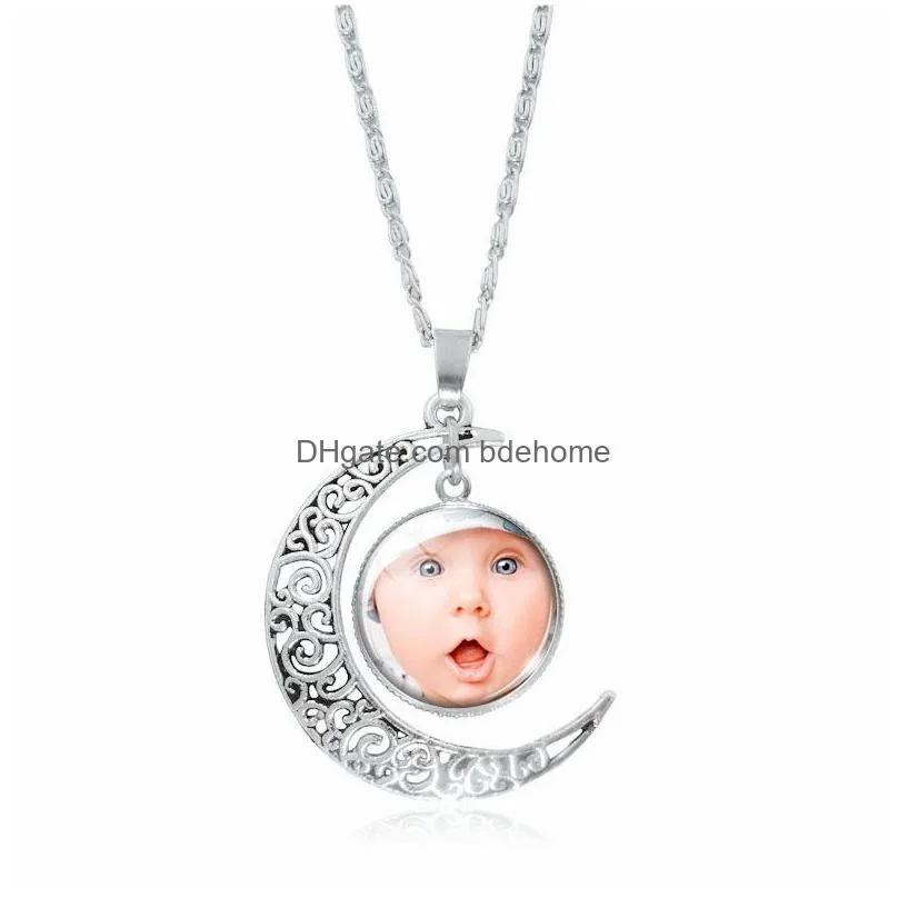 custom made photo pendant moon necklace for women men personalized glass cabochon picture charm chains fashion jewelry gift