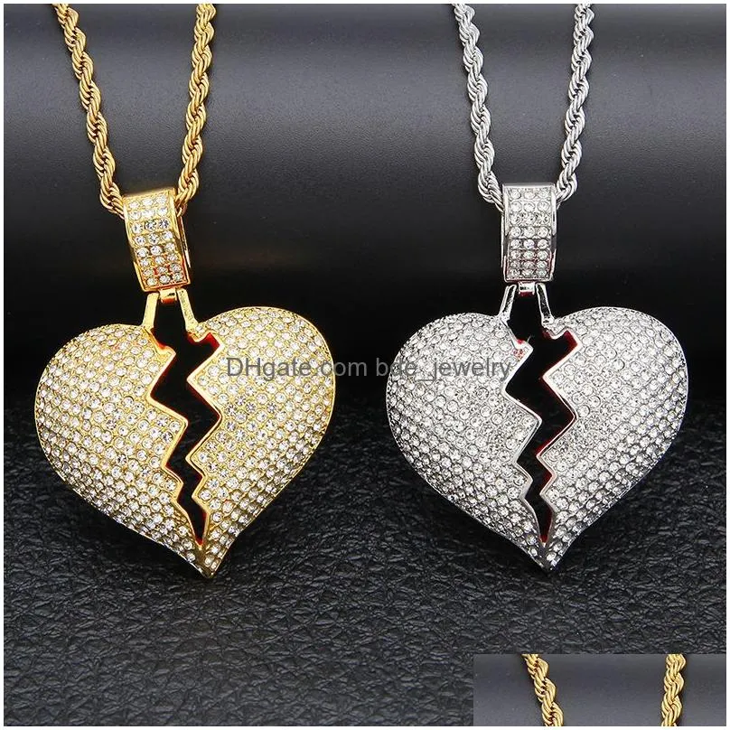 iced out broken love heart pendant necklace bling crystal rhinestone charm gold silver tennis chains for women men hip hop jewelry