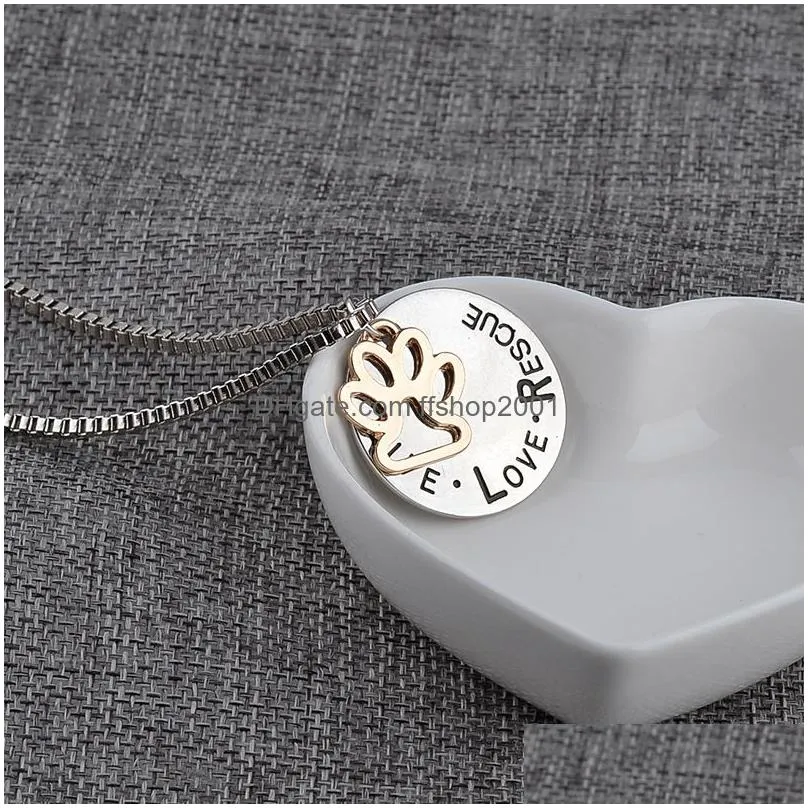  cute live love rescue lettering pendant necklace animal cat dog paw print personalized necklace for women men s fashion jewelry
