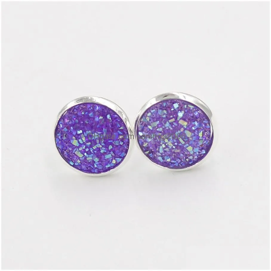 bulk 12mm round druzy stone stud earrings bling drusy resin silver earrings for women ladies fashion handmade jewelry gift