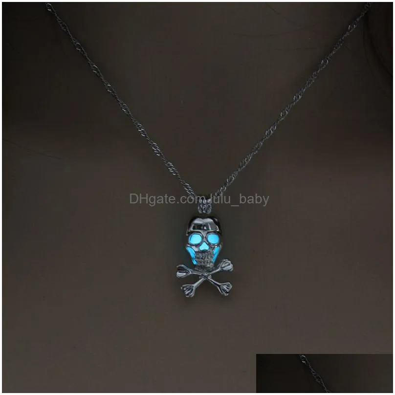 fashion glow in the dark skull pendant necklaces hollow luminous pearl cage lockets skeleton charm necklace for women s halloween