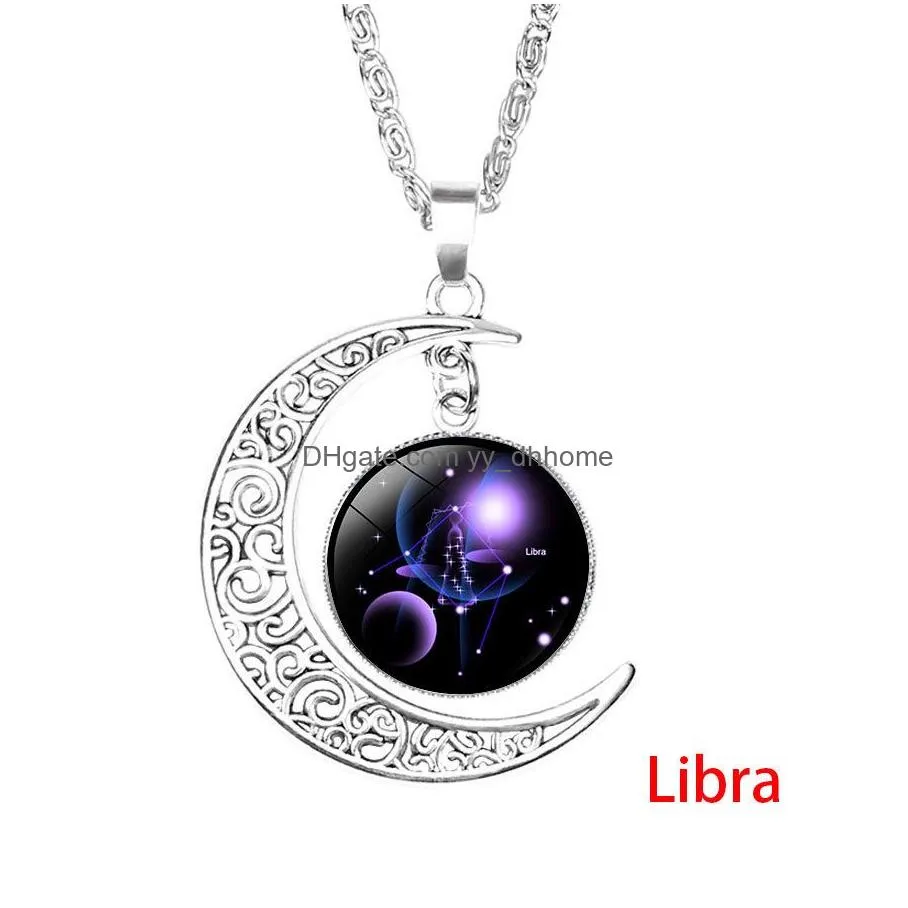  12 zodiac sign pendant moon necklaces for women glass cabochon constellation charm chains fashion jewelry gift