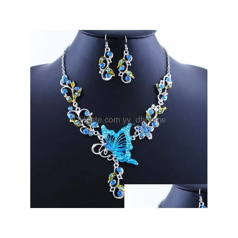  crystal butterfly flower statement necklaces dangle earrings for women europe and america bride wedding engagement choker jewelry