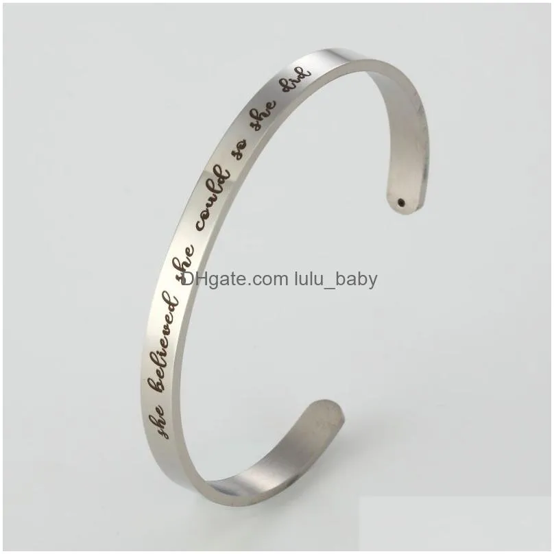 stainless steel inspirational cuff bangle she believed she could so she did simple lettering word bracelets for women men fashion