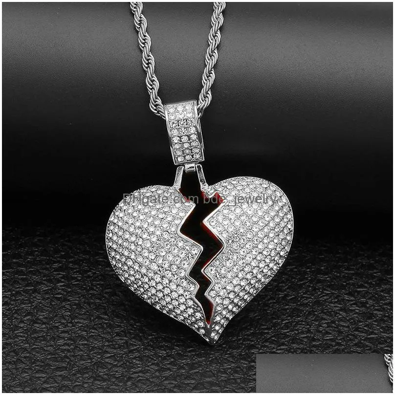iced out broken love heart pendant necklace bling crystal rhinestone charm gold silver tennis chains for women men hip hop jewelry