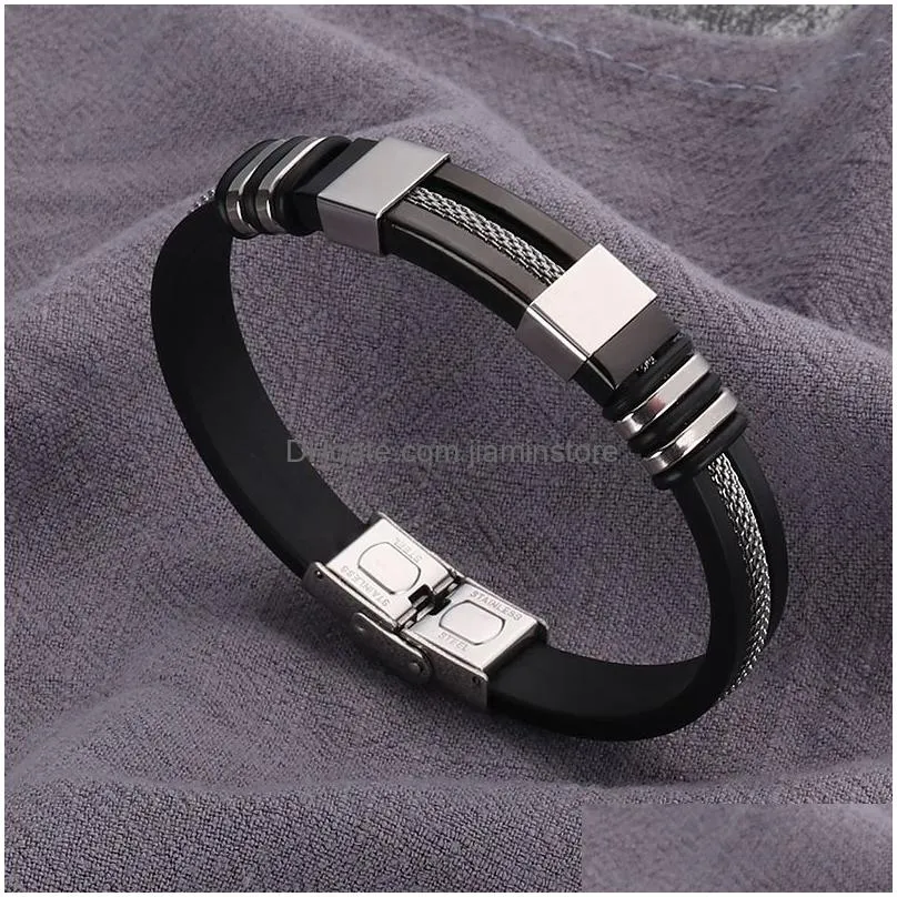 mens stainless steel silicone black bracelet simple rubber new design punk charm wristband bangle for mens fashion jewelry gift