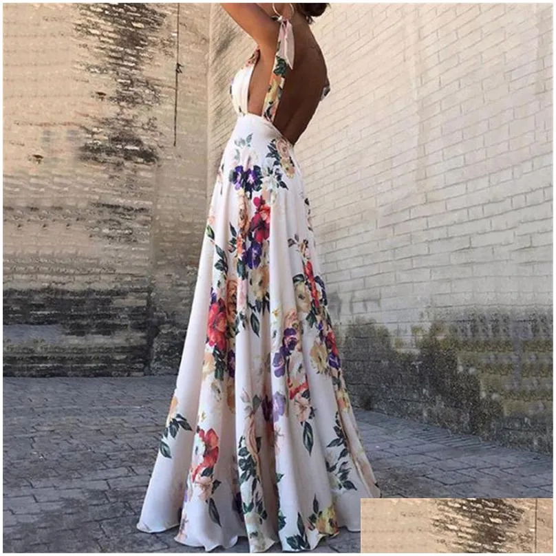 floral print dresses women summer sleeveless v-neck backless vintage long boho party cocktail casual loose beach pink dress 2019