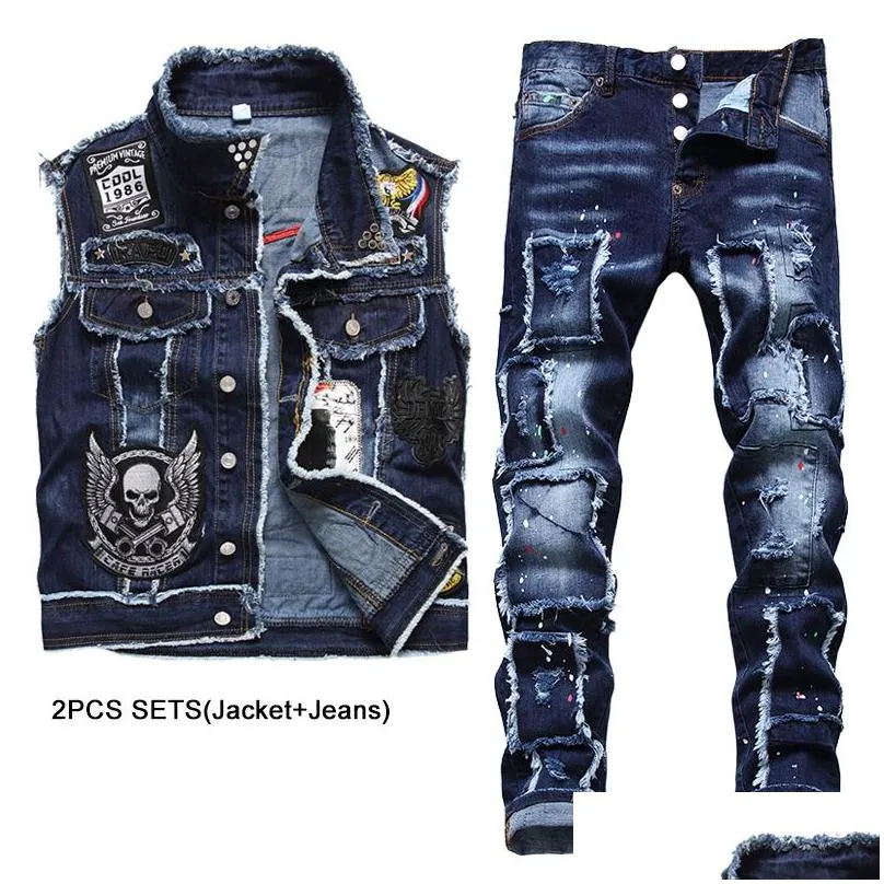2023 new tracksuits blue men 2 pieces sets fashion slim casual embroidery skull denim vest and ragged paint stretch jeans conjuntos de