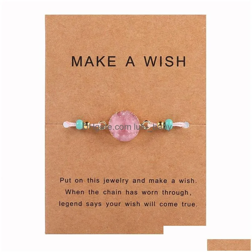 fashion druzy resin stone bracelet with make a wish gift card braided string rope beads bangle for women men handmade jewelry