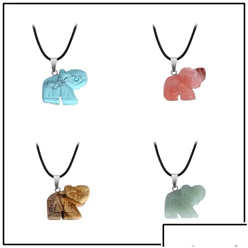 natural stone hand carved elephant pendant raw stone crystal agate animal jade small necklace chain