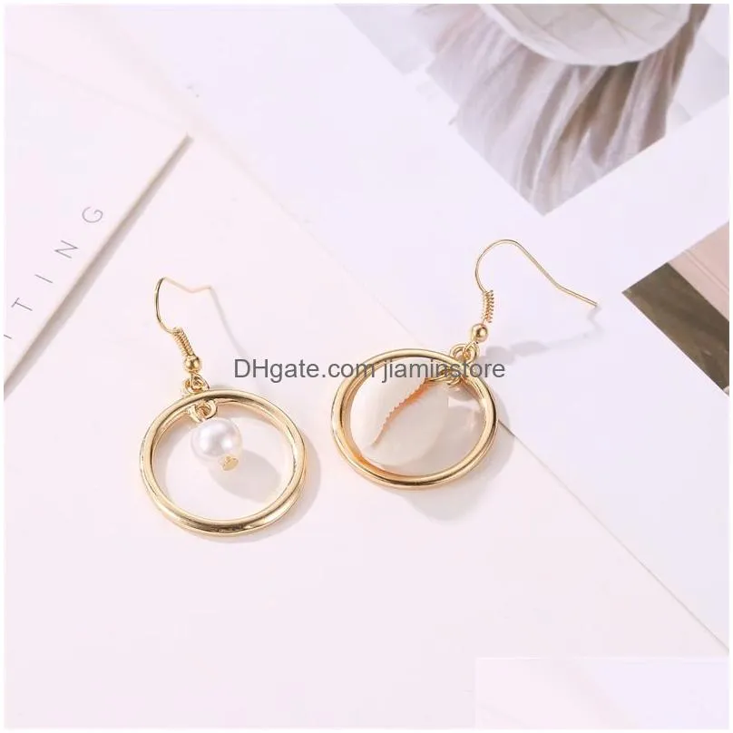 european and american asymmetrical beach conch dangle earrings for women round shell faux pearl drop earrings fashion jewelry gift