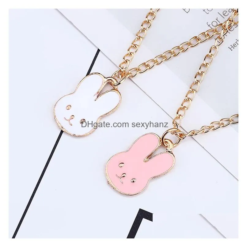 korean enamel rabbit head pendant necklaces women cartoon cute small animals charm gold chains for men fashion jewelry gift