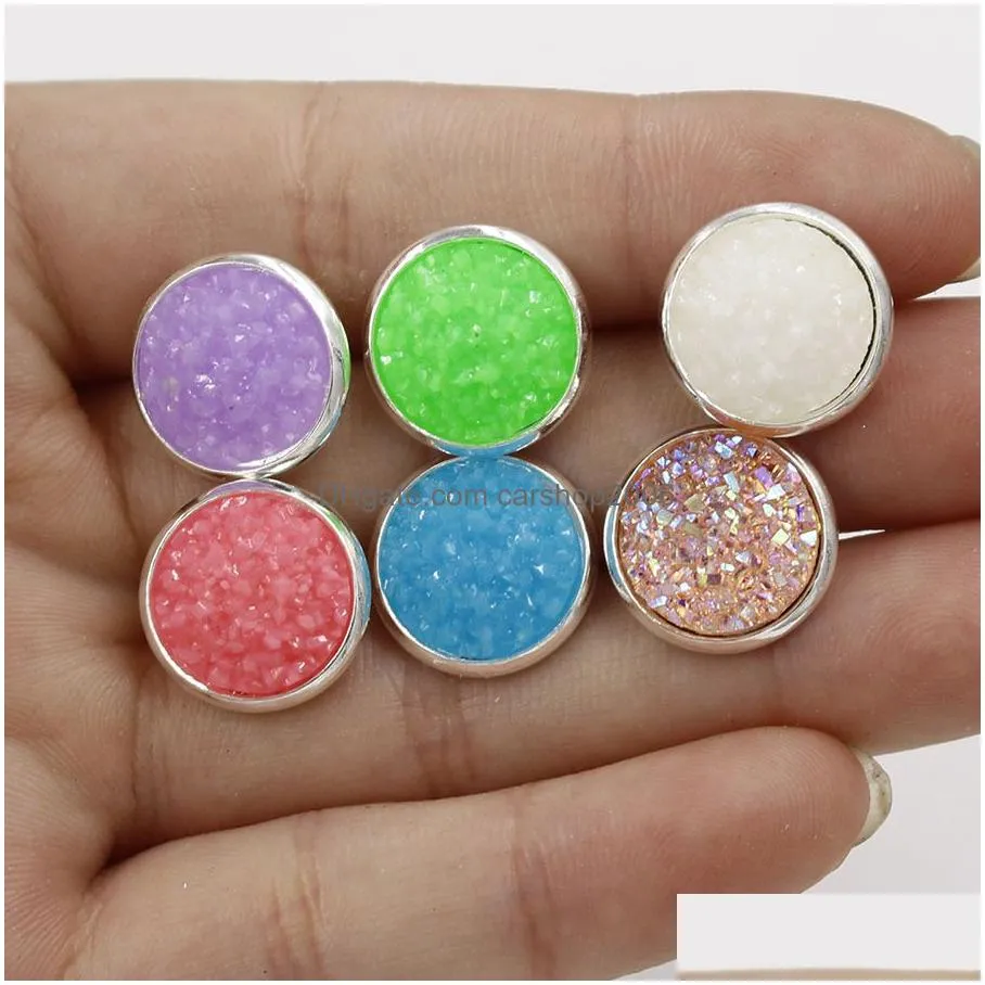 bulk 12mm round druzy stone stud earrings bling drusy resin silver earrings for women ladies fashion handmade jewelry gift