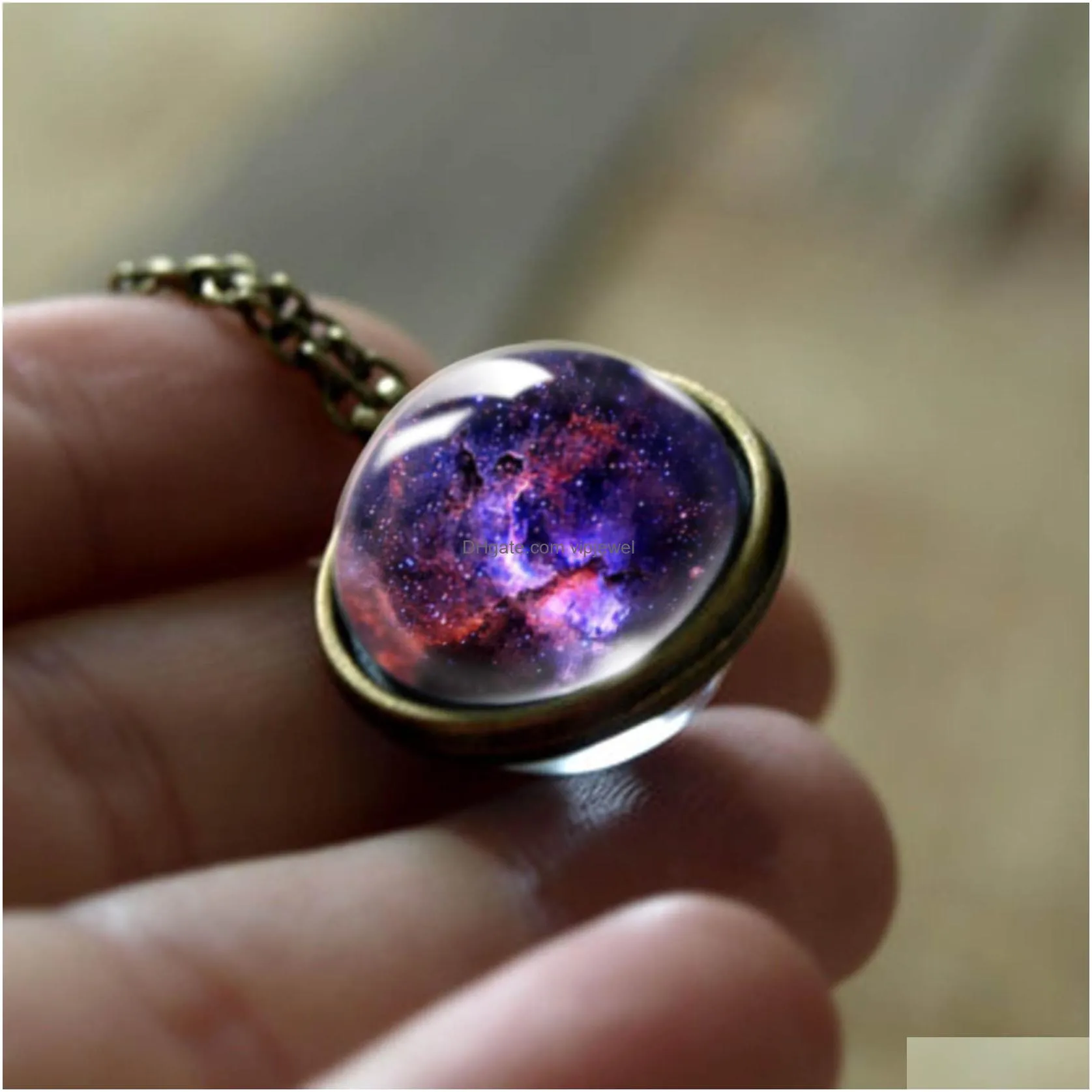  nebula galaxy necklaces for wome men double sided rotatable galss universe planet art picture pendant chains fashion jewelry