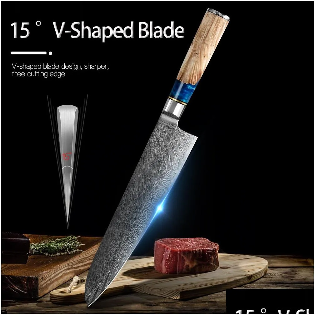 chef knife damascus steel 67 layer vg10 professional japanese knife sharp cleaver slicing kiritsuke gyuto kitchen cooking knifesknife stable solid wood